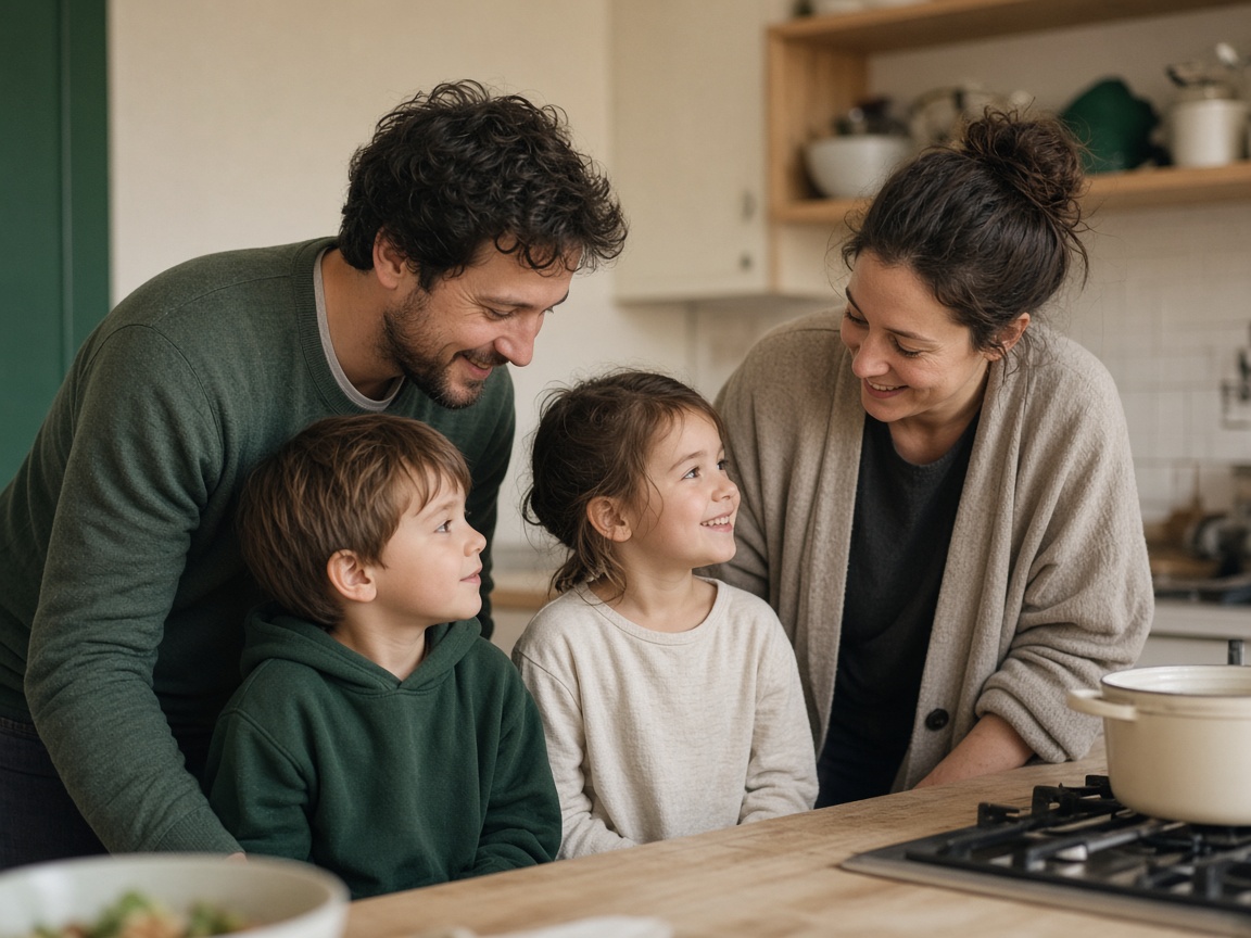 Famille réunie dans la cuisine de la maison