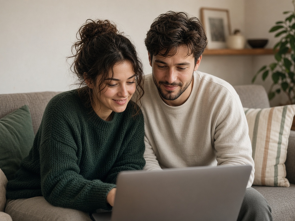 Jeune couple consultant son budget sur un ordinateur à la maison